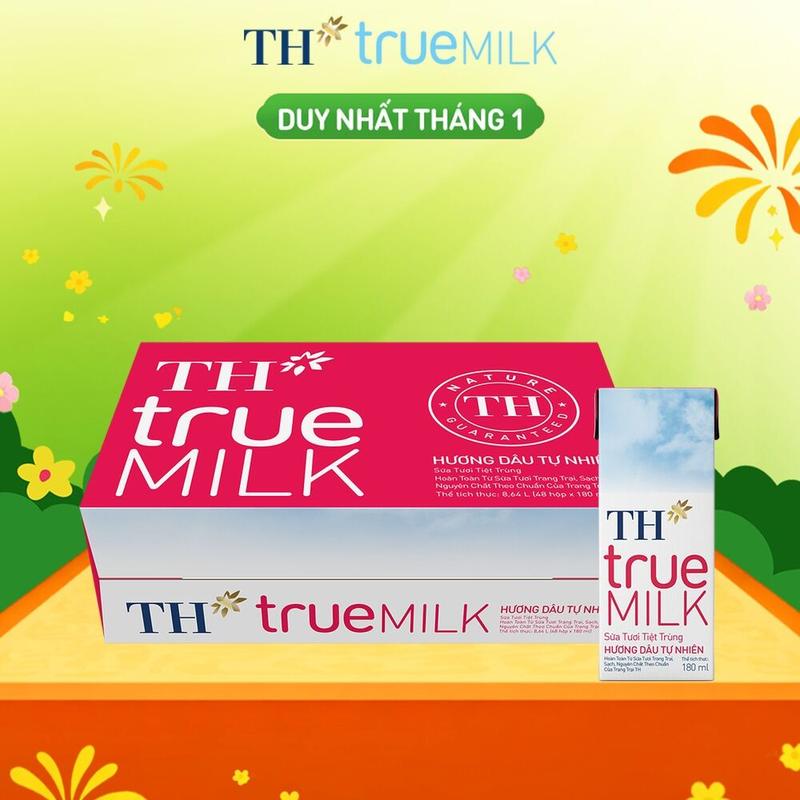 Thùng 48 hộp sữa tươi tiệt trùng TH true MILK hương dâu tự nhiên 180 ml 180 ml x 48