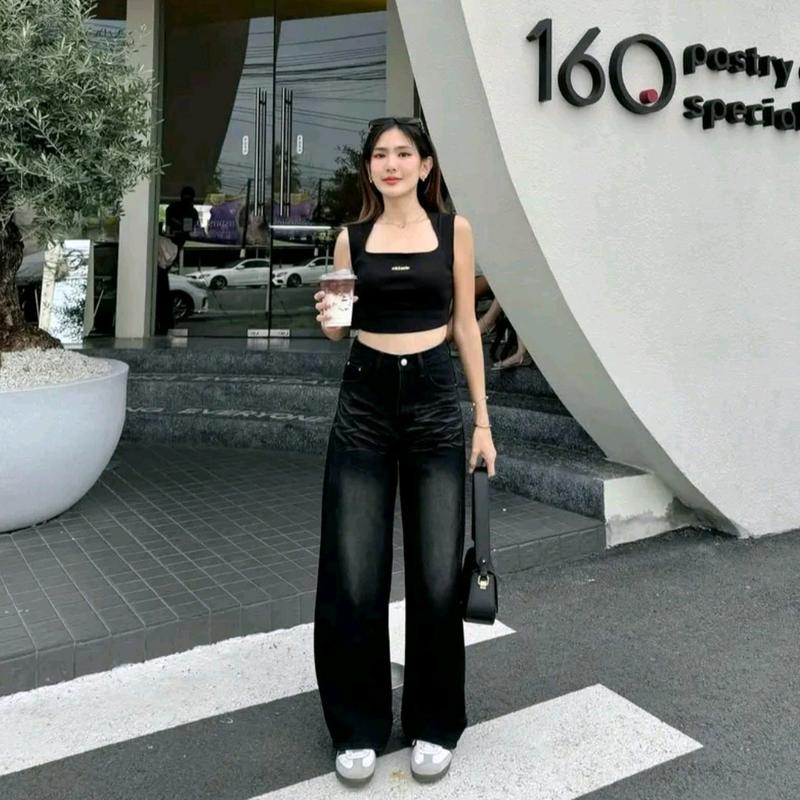 CELANA BAGGY JEANS SKENA CELANA JEANS BAGGY CEWEK WIDE LEG JEANS HITAM PANJANG SANTAI WANITA 2