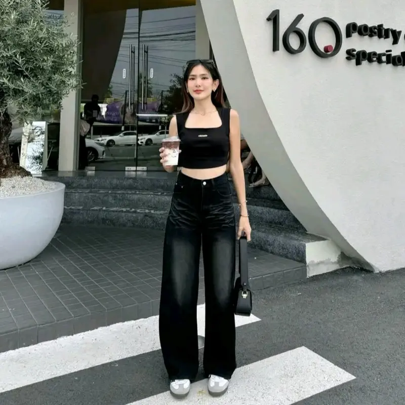 CELANA BAGGY JEANS SKENA CELANA JEANS BAGGY CEWEK WIDE LEG JEANS HITAM PANJANG SANTAI WANITA 1