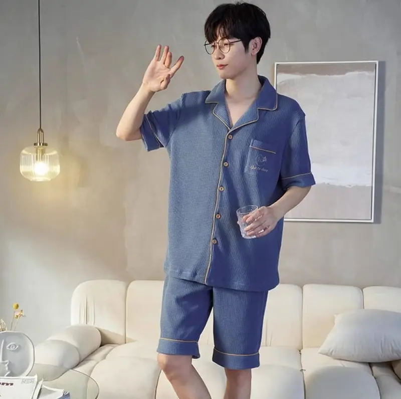 Baju tidur piyama cowok pendek bahan kaos katun kra kancing 4