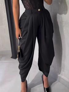 Pantalones largos casuales de mujer Aliling, cintura alta y pierna ancha, diseño liso entallado, cintura elástica, para todas las estaciones, ajuste holgado con bolsillos