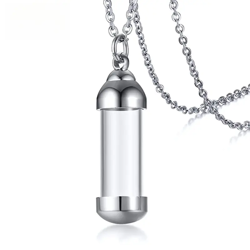 Titanium Steel Necklace Niche for Buddha Bottle Cylindrical Transparent Glass Cremains Pendant Perfume Bottle Stainless Steel Hollow Pendant Bottle