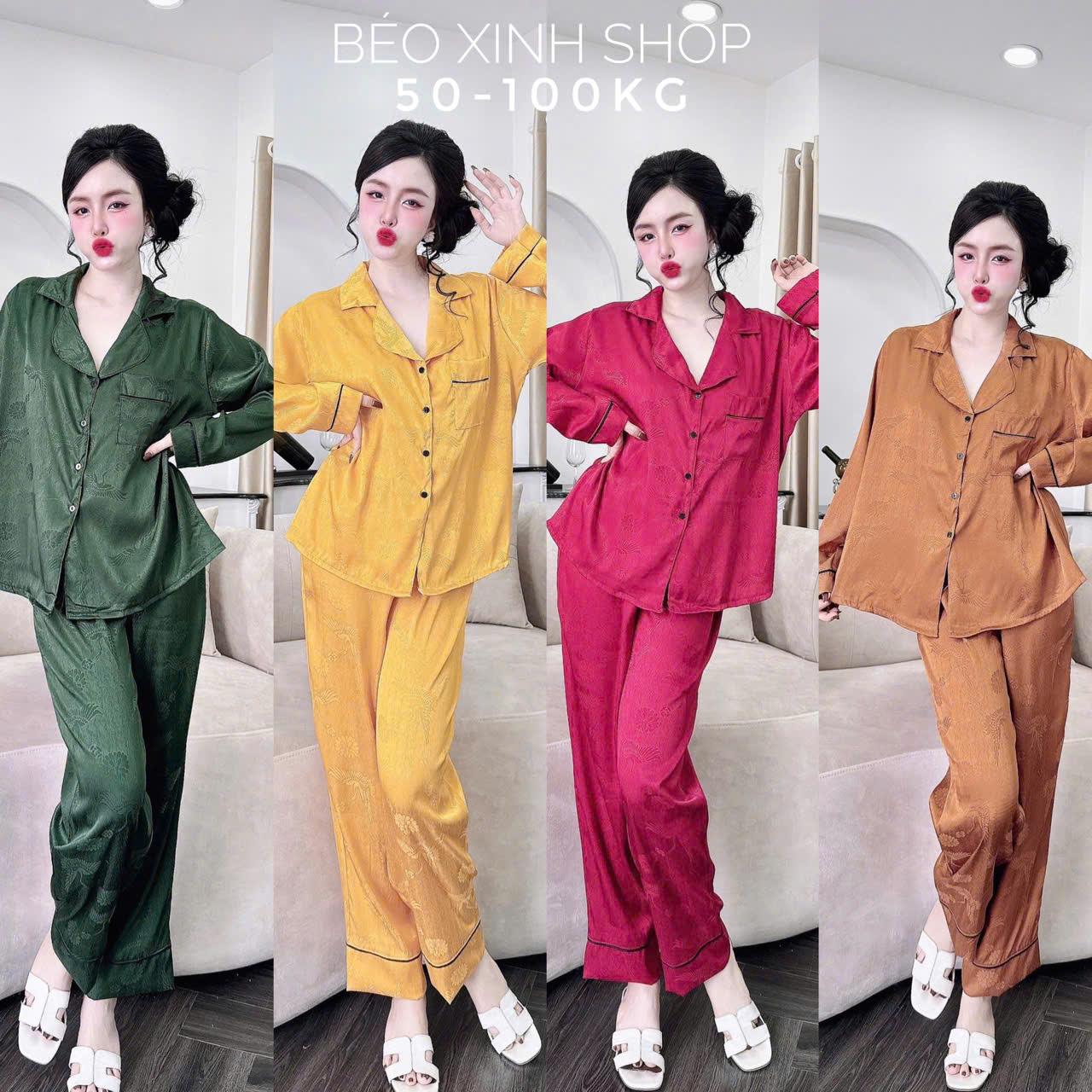 Đồ Bộ - Đồ Ngủ Tay Dài Quần Dài Vải Gấm Hạc Tay Dài Tết 2026 Tiểu Thư Cao Cấp Thanh Lịch Pijama Bigsize 50-100kg Bộ Ngủ Nữ Áo Ngủ Women Quần Ngủ - A.5651