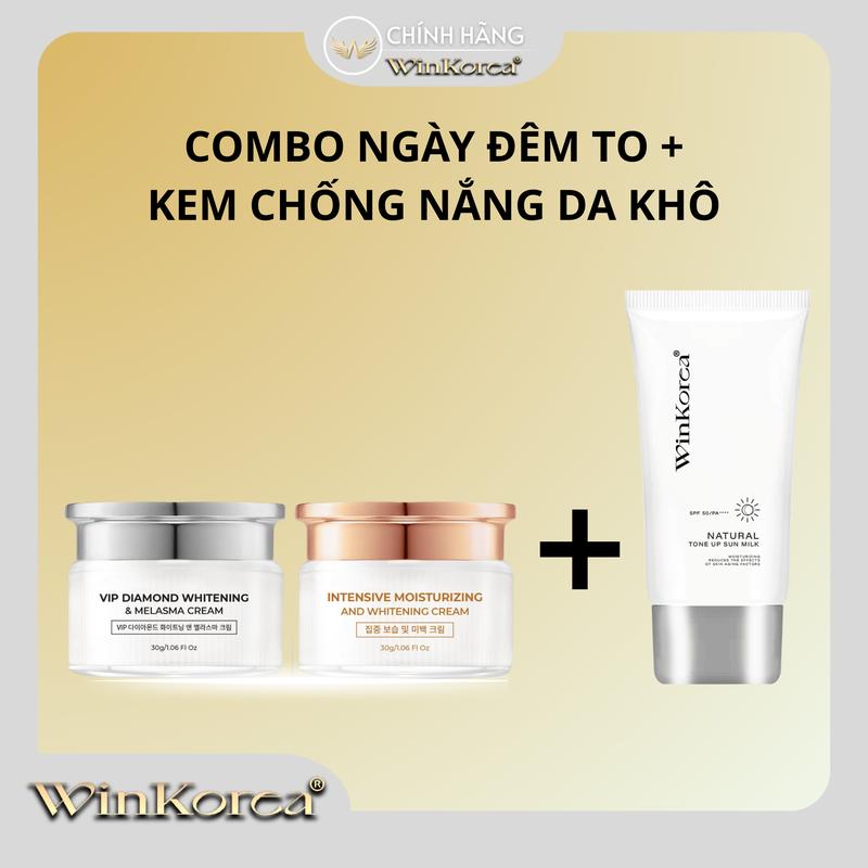  COMBO 3 MÓN KEM NGÀY VÀ ĐÊM KIM CƯƠNG VIP M.E.S.O + Sửa Chống Nắng Nâng Tone Spf 50+ PA ++++ Cấp Ẩm Căn Bóng Thương Hiệu: WinKorea Nữ Skincare Women 