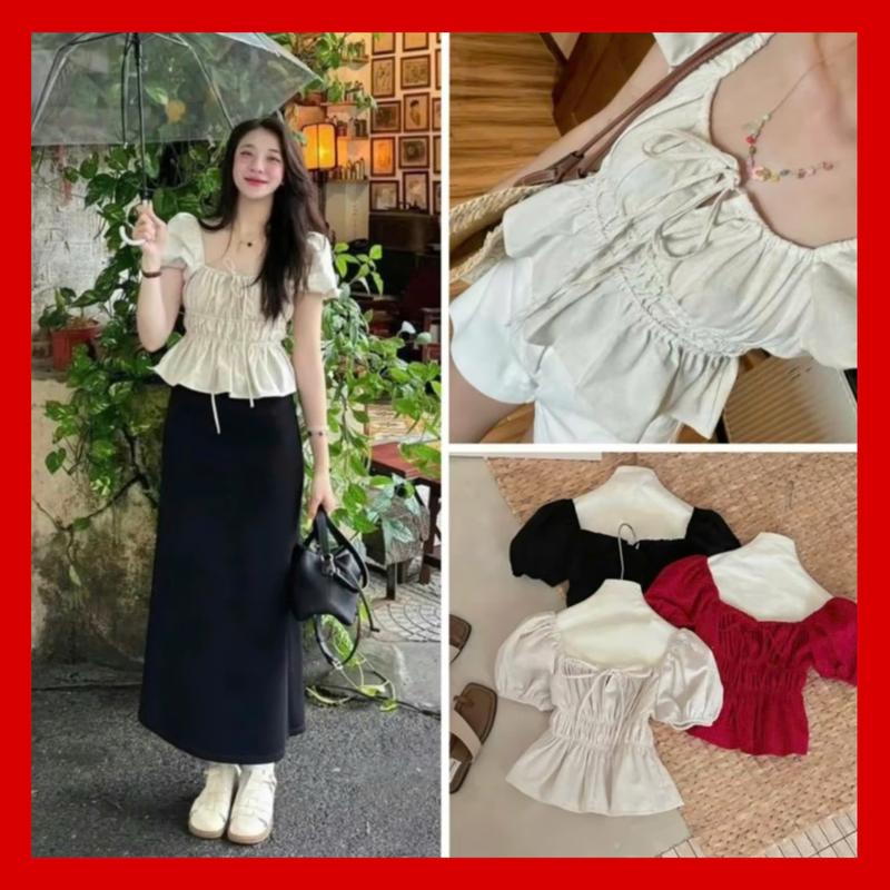 HUONG MIU Áo babydoll linen kiểu xinh tay phồng tiểu thư công chúa bo thân nơ coquette ngực xinh xắn