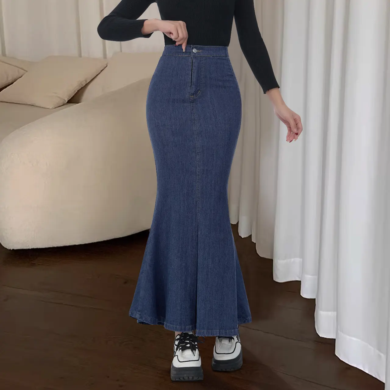 Denim Skirt Wanita Wrap Buttocks Thin Fishtail Skirt Casual Mid-Length Half Length Skirt