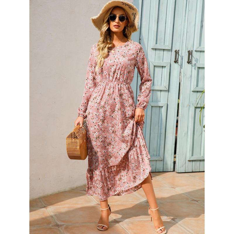 Cross-Border Foreign Trade Spring and Autumn Floral Chiffon Dress Waist-Controlled Slimming Long Sleeve round-Neck Long Printed Dress Women's 7