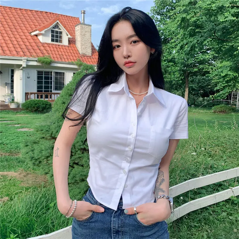 Women's Elegant Design Sexy Blouse White  Slim Fit Shirt Lady Crop Top Cropped Short Sleeve Waist Short Shirt Top 2024 Summer Solid Color College Style
