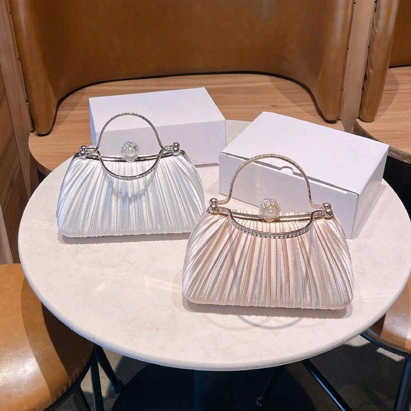   MÀU VÀNG KEM & BẠC  Size 20cm Cốp Đi Tiệc Vải Lụa Xếp Ly Quai Kiềng Đôi Đính Đá Túi Xách Nữ Đeo Chéo Women Bag Clutch Cầm Tay HÀNG QC 