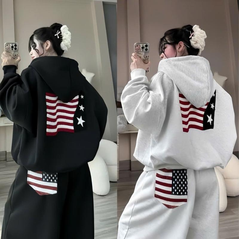  Set Nỉ Cờ Mỹ Hình Thêu Dập Xù Chất Nỉ Tàu Xám Tiêu  Dày Dặn  - Set Áo Hoodie Quần Ống Suông Chất Nỉ Tàu Siêu Hottrend 2026 
