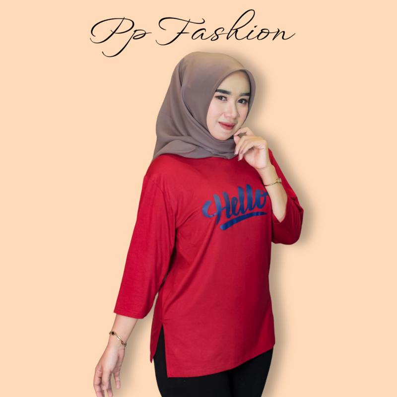 Kaos Oversize Slit Kaos High Slit Katun Spandek Rayon With Sablon Hello  Kerah Bulat Nyaman Panjang Oblong Tangan 7/8 4