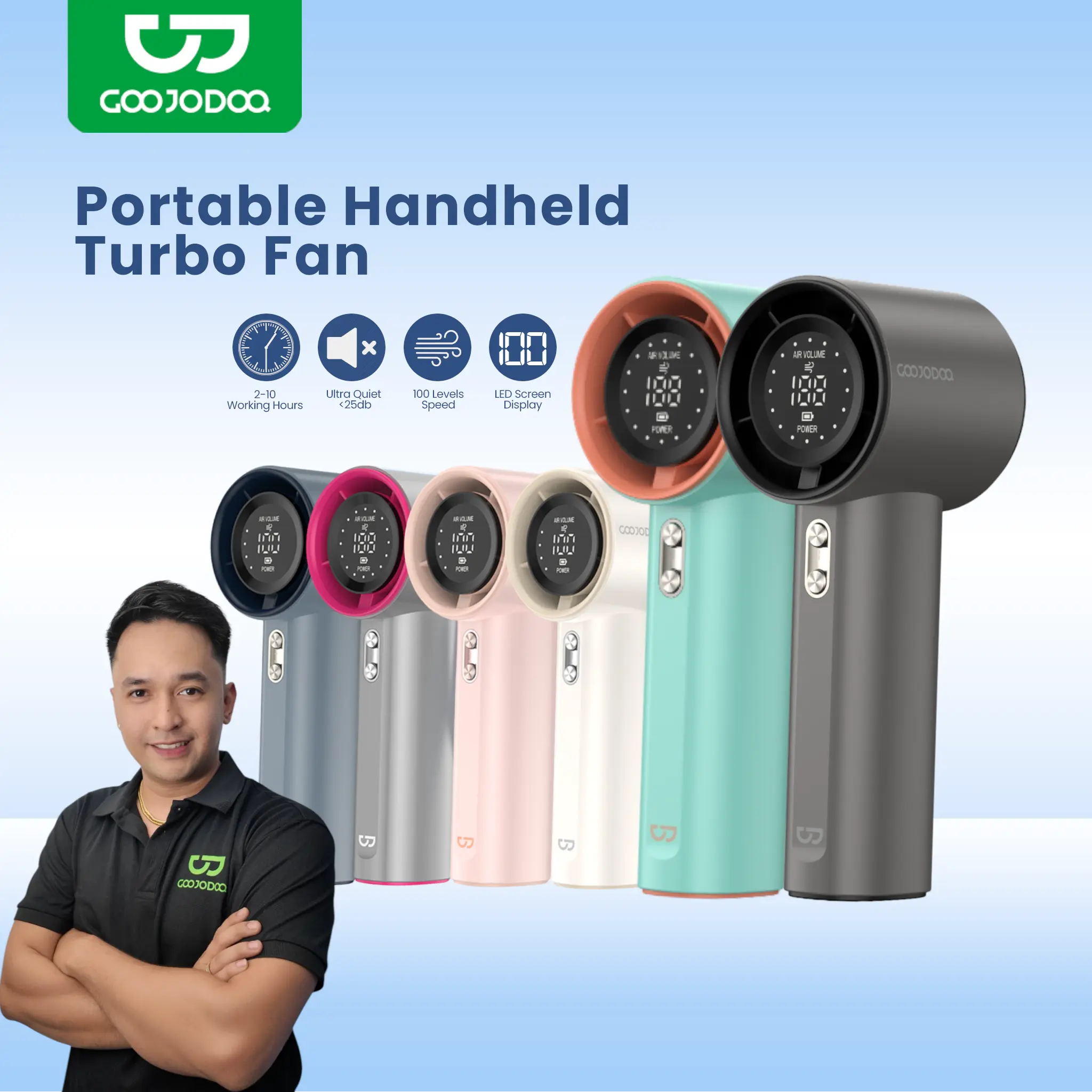 【GOOJODOQ ×IAmAdrian07】 GFS001 GOOJODOQ turbo fan high speed fan 2024 New High Speed Handheld Fan Outdoor Portable 100 Speed Turbine Mini Digital Display Battery Quantity 4000Mah