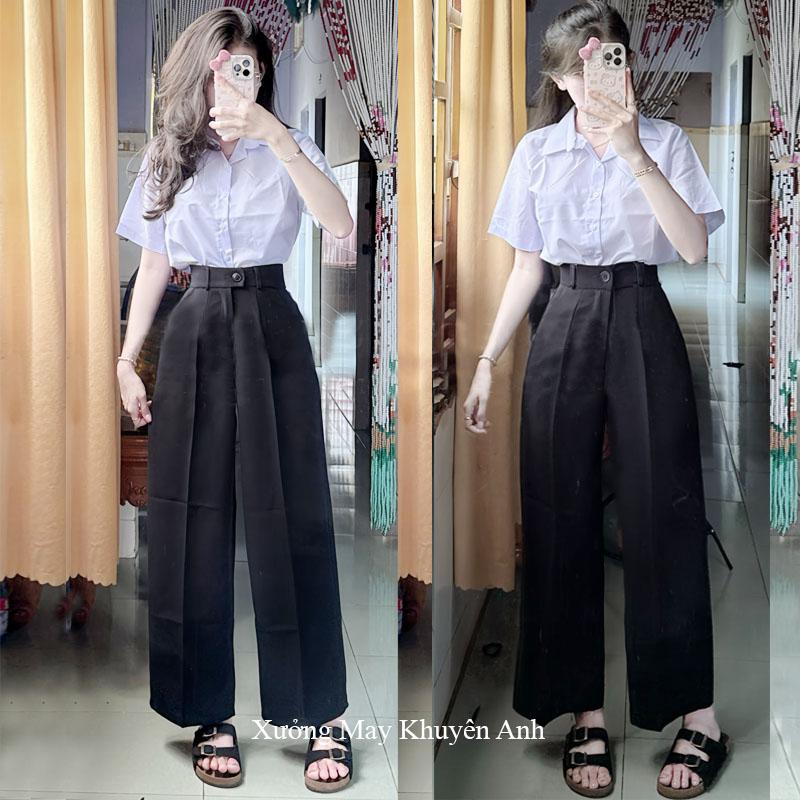 Quần ống suông nữ lưng cao đi học làm công sở m50 m55 m60 m65 1 nút cài lệch có đai thắt lưng dáng quần ống rộng nữ cạp cao vải mềm dày đi học làm công sở