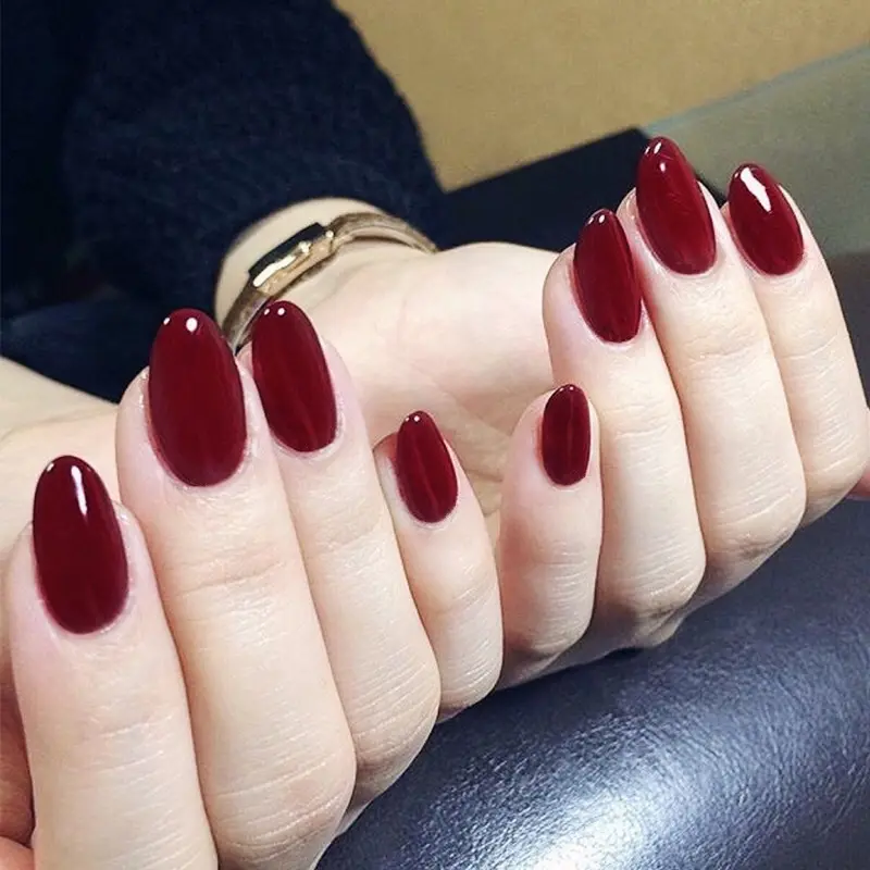 24x Red wine Fake Nails Pure color round head Nail Manicure Decor Back With Glue