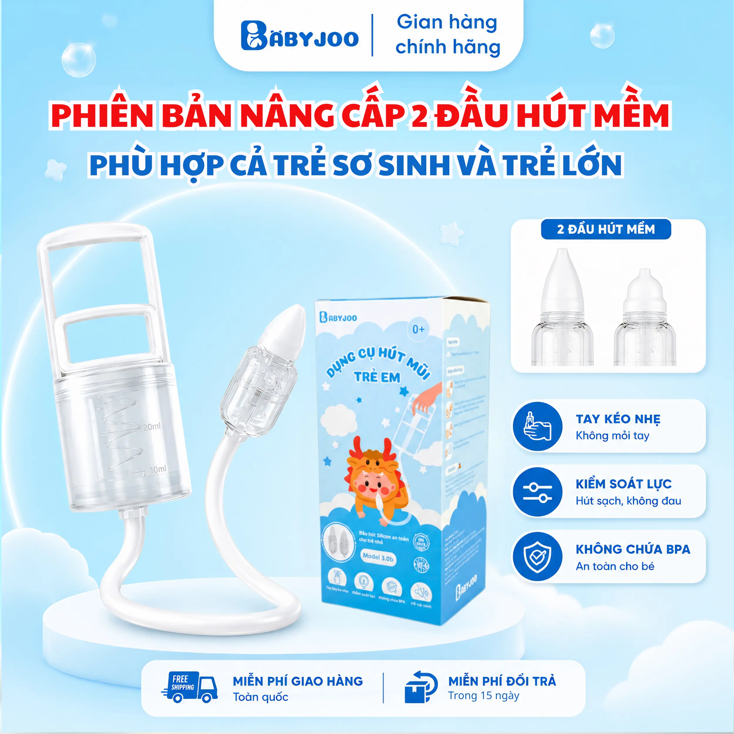 Dụng cụ hút mũi trẻ sơ sinh BABYJOO, Dụng cụ hút mũi bằng tay, Dụng cụ hút mũi cho bé bản nâng cấp mới 2 đầu hút silicon mềm phù hợp cho cả trẻ sơ sinh , dụng cụ hút mũi kéo tay, dụng cụ hút mũi cho bé