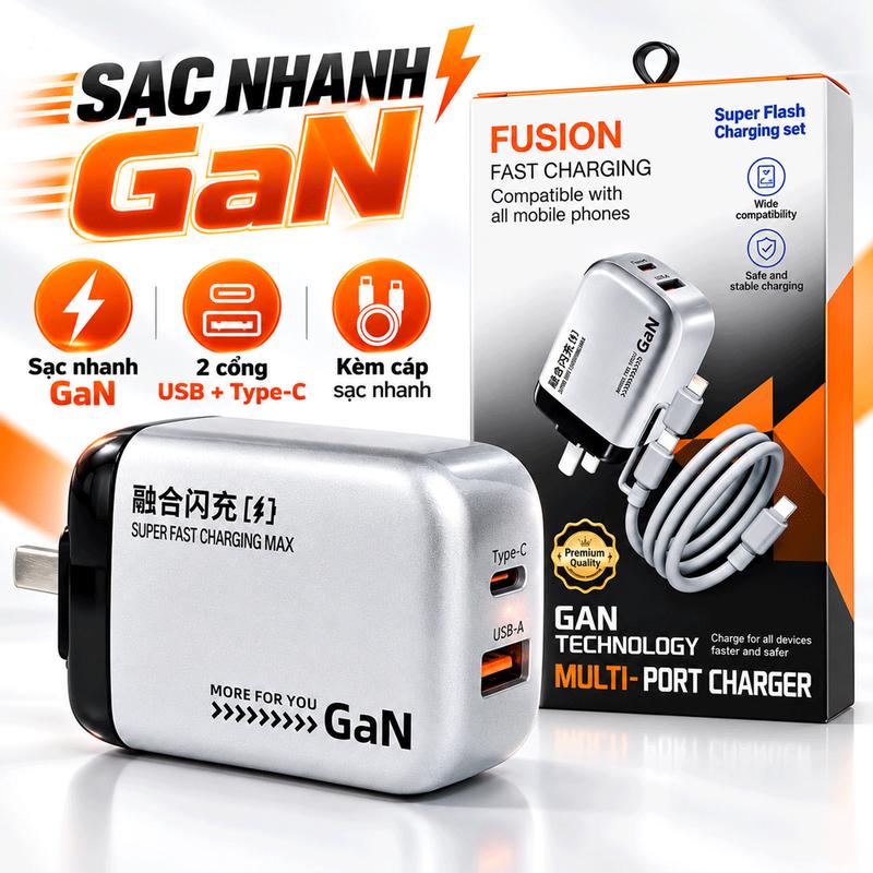 Bộ sạc nhanh GAN 30W, 2 cổng USB-A/Type-C, kèm cáp 2 trong 1 dài 1,5 m
