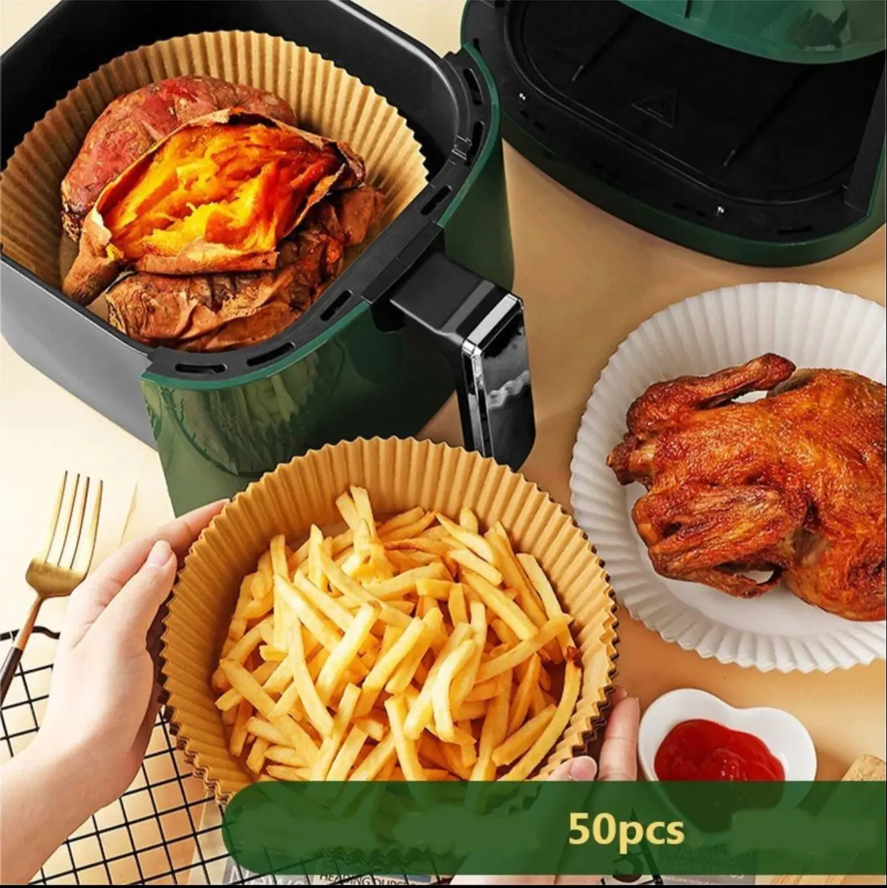 [iSI 50 PCS] Air Fryer Disposable Paper Liner Anti Lengket & Tahan minyak || Praktis & Hemat Waktu || BISA COD & GRATIS ONGKIR