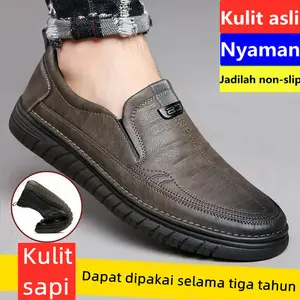 [Cowhide] Sneakers Kerja Hitam untuk PriaModel Kasual Selipkan Flat Shoe sepatupantofel kulit sepatu laki-laki Orang sepatu kulit kulit ayah Jadilah non-slip Tahan aus Sepatu olahraga Sepatu lari Sepatu Doudou