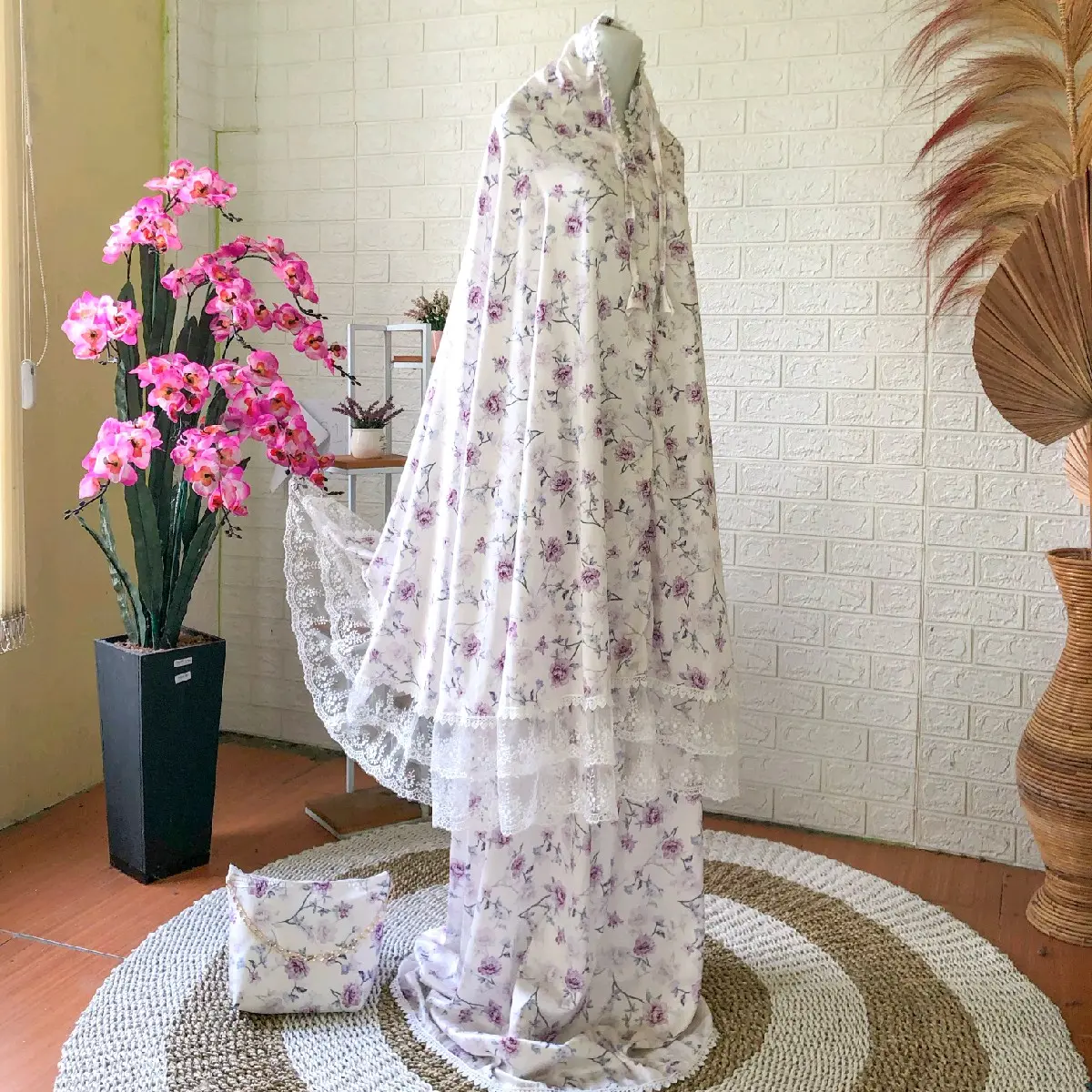 Mukena Dewasa Sutra Armani Motif Pakai Renda Tileu Mewah 2in1 Free Tas dan Tasbih  Mukenah Cantik Wanita Muslim Atasan Bawahan