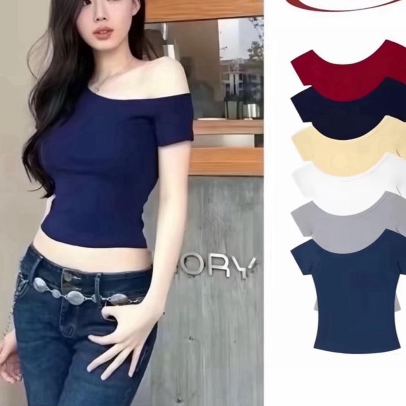  A52a Áo Thun Kiểu Cổ Trễ Vai 1 bên Dáng Tay Ngắn Ôm Body Tôn Dáng Phong Cách Mới Chất Thun XỊn size dưới 53kg 