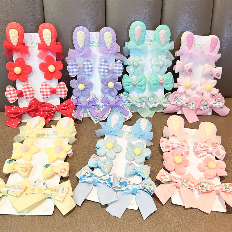 8PCS Children and kids hair accessories rabbit ear hair clip baby fabric flower bow hair clip set for little girls BB clip side bangs clip