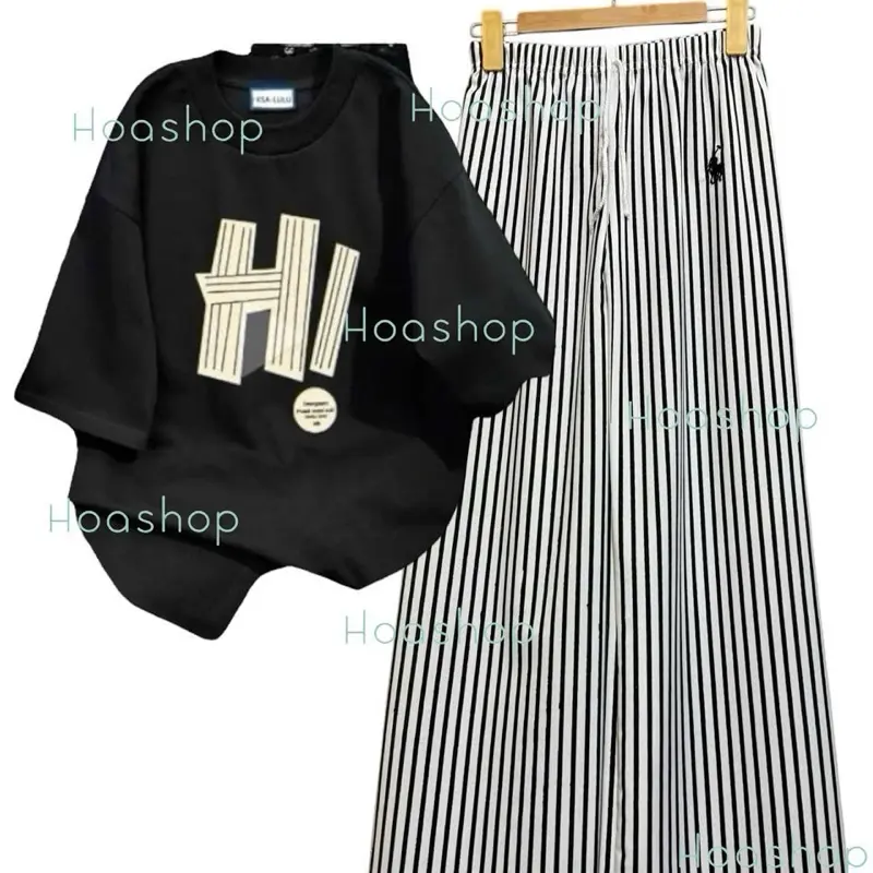 ￼Set bộ áo thun cotton form rộng mix quần xuông kẻ dọc thêu ngựa hot women 5