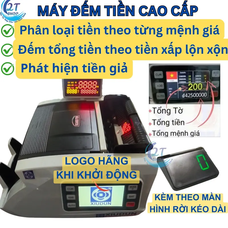 Máy đếm tiền Xiudun 9599. Hiển thị tổng tờ, tổng mệnh giá, tổng số tờ & tổng thành tiền cùng một lúc, bảo hành 24 tháng 0