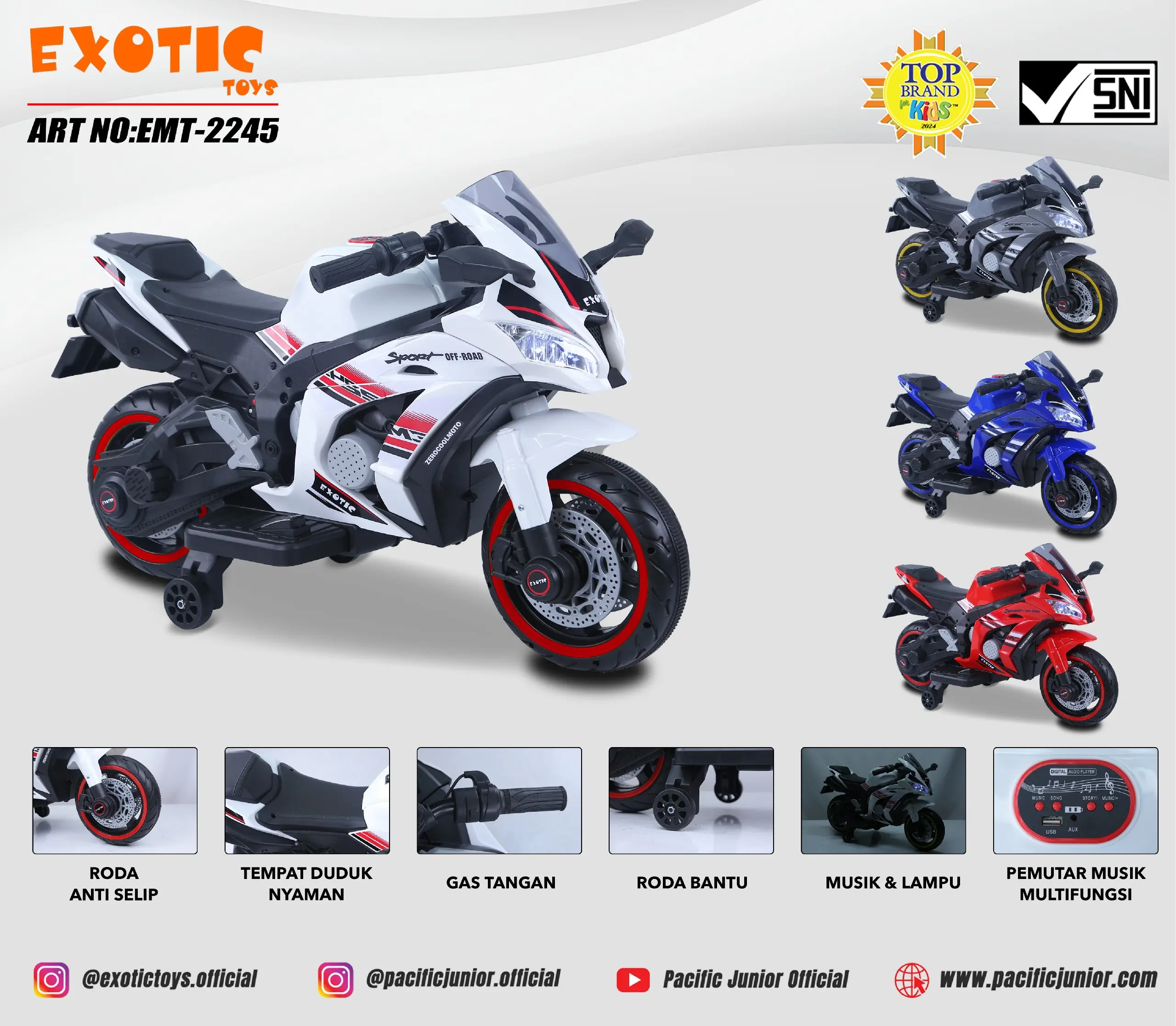 Motoran Aki EXOTIC EMT - 2245 RECHARGEABLE MOTORCYCLE Baterai 12V 4.5AH Gas Tangan Mainan Anak