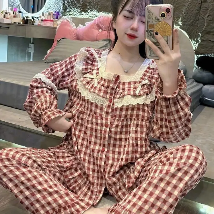 H133 Bộ ngủ nữ kẻ đũi nhung áo tay dài cổ vuông viền ren kiểu dáng tiểu thư phù hợp mặc bốn mùa Voi Sen Thun