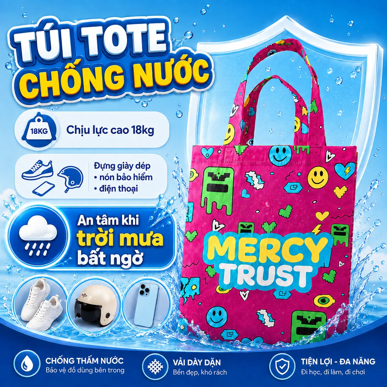 Túi Mercy Trust CHỐNG Thấm Nước - Đựng Đồ Dùng Cá Nhân Dưới Những Cơn Mưa Bất Chợt - Tái sử dụng Được Nhiều Chịu Lực 15-20kg KT: 32-25-12cm