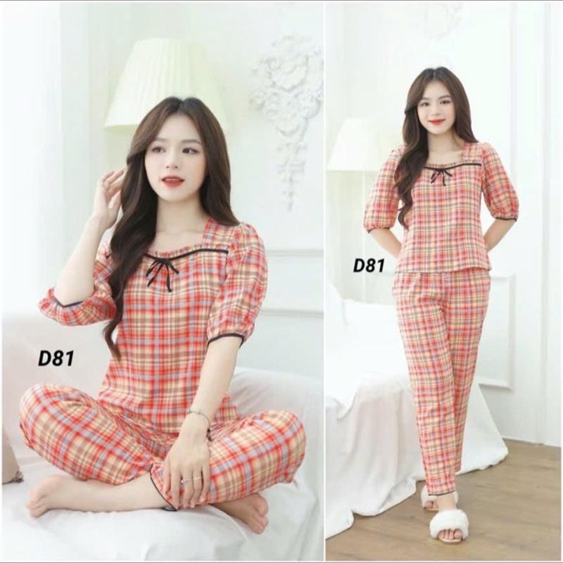 Size 37kg-68kg Quần áo nữ đồ bộ cổ vuông phối ren sang lụa hàn lụa hàn lụa xước quần áo thu đông set bộ mặc nhà tiểu thư sang chảnh đồ bộ thiết kế mặc nhà Women Voi có bigsize Top