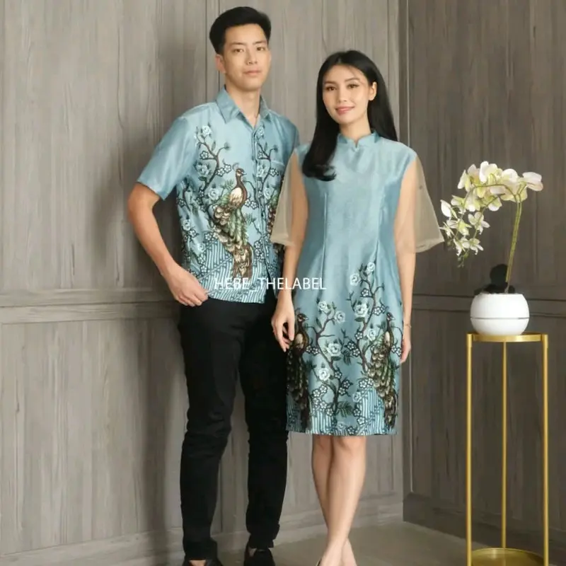 Baju Couple Biru Couple Kemeja Batik Dress Couple Baju pesta setelan batik couple Dress  Baju Imlek Cheongsam 1