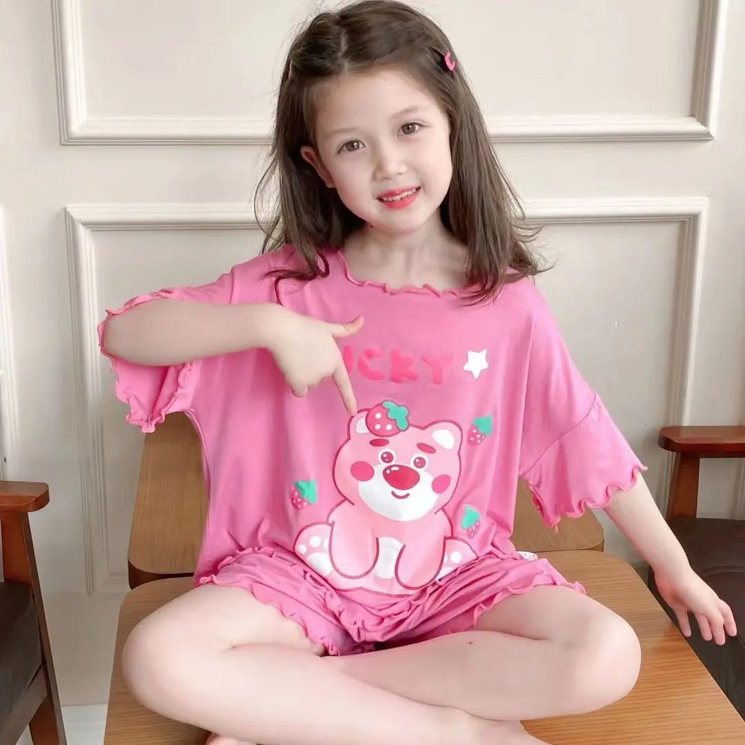 Two-piece pajama set for girls, Kulomi Summer thin short-sleeved cartoon print home wear set