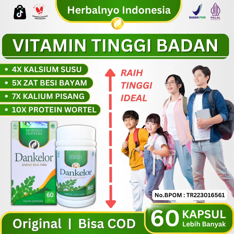 Dankelor Suplemen Peninggi Badan Tinggi Kalsium Vitamin Pertumbuhan Anak Remaja Isi 60 Kapsul Halal BPOM Ekstrak Daun Kelor Moringa Oleifera 0