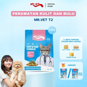 Makanan Kucing Kering Mr.Vet T2 1kg yang membuat Bulu mengkilap, Mengurangi Kerontokan, cocok untuk Segala Usia