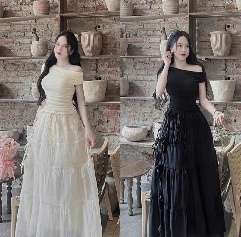 BIGSIZE HIẾU HIẾU (55-95KG) - Set thời trang nữ Áo trễ vai + Chân váy maxi phối hoa eo S551