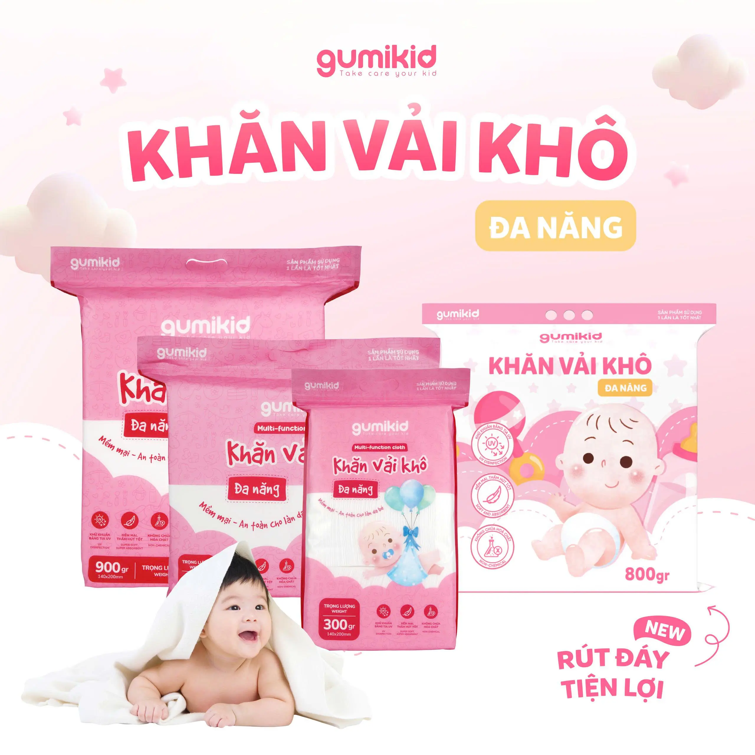 (Mall)(TẶNG TÚI 300GR) Combo 2 TÚI 900GR VÀ 600GR KHĂN VẢI KHÔ ĐA NĂNG DÀNH CHO MẸ VÀ BÉ GUMI Cho Bé