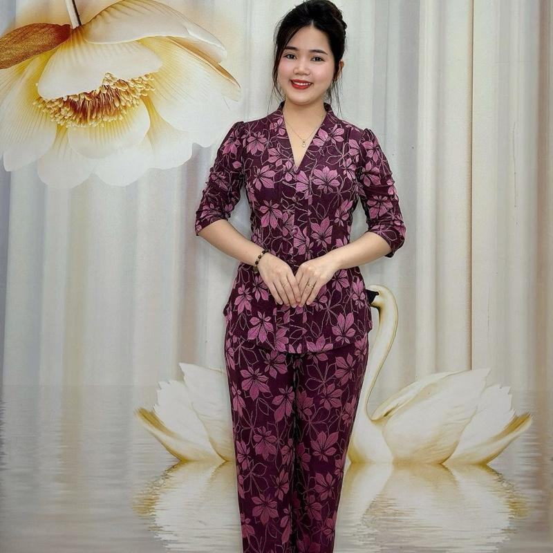 B65 Đồ bộ bà lai nữ trung niên quần ống nhỏ, thun axetat (thun gấm) hoạ tiết chiếc lá thương hiệu Hải Sơn Women