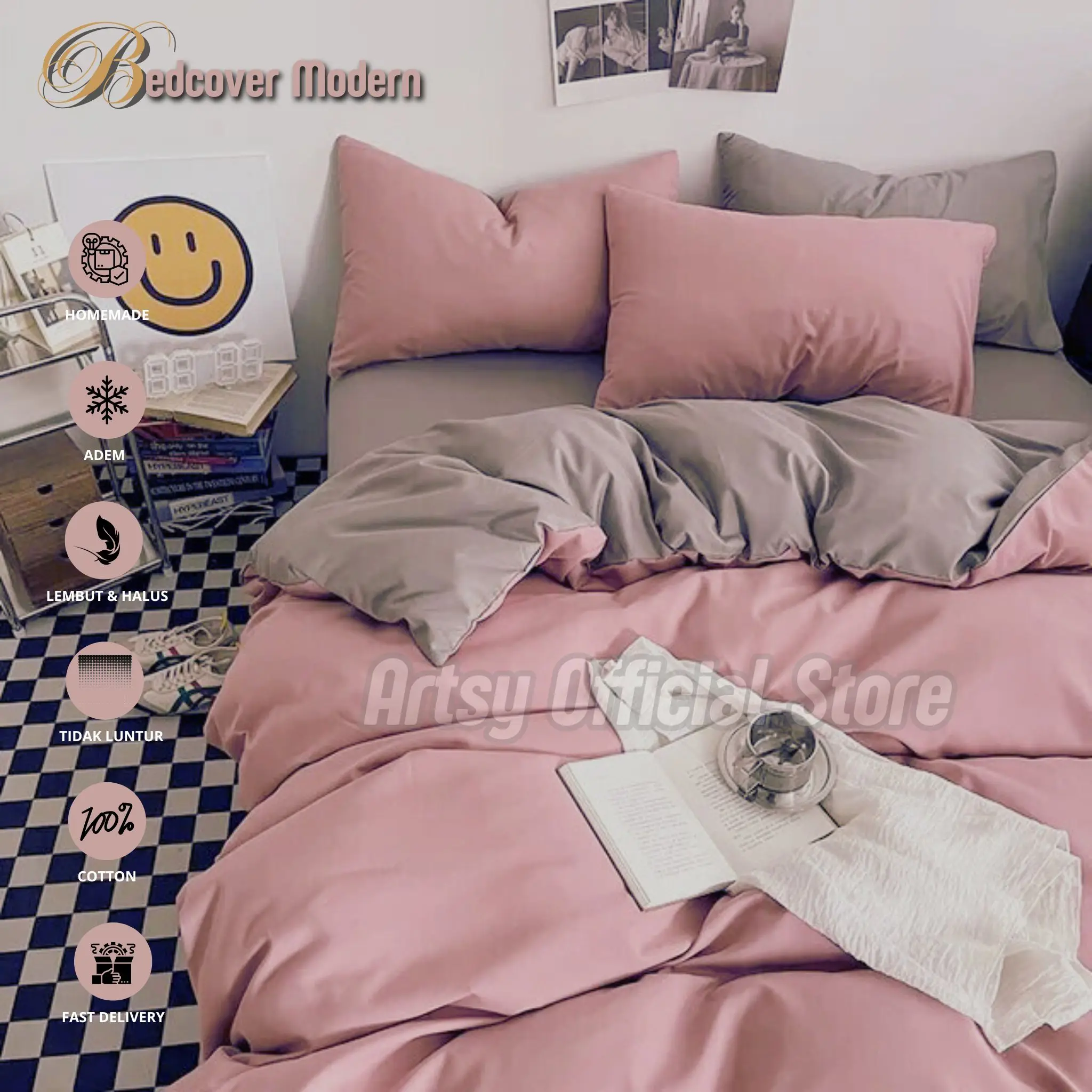 Bedcover Set Polos Kombinasi dua Warna TwoTone Ukuran Lengkap 200, 180, 160, 140, 120, 100, 90 Bahan Katun Halus Sarung Bantal Karet Kain Tali