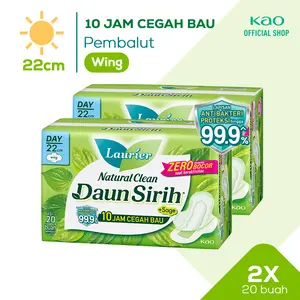 Laurier Natural Clean Daun Sirih Day Series Wing Twinpack Perawatan Kewanitaan Sanitary Napkin Pembalut Pads Anti Bakteri Proteksi 22 cm / isi 20 pads Anti Bau dan Bakteri