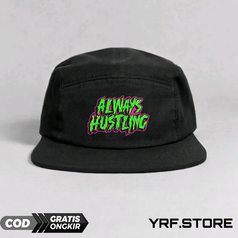 Topi Snapback 5 Panel YRF.STORE Warna Hitam dengan Logo Sablon Grafitti ALWAYS HUSTLING,Topi skena,topi skena outfit,five panel snapback,topi.sku12 0