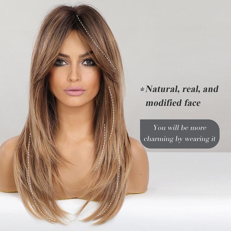 Tóc Giả Dài Màu Nâu Cho Nữ, HAIRCUBE, Tóc Nhiều Lớp Tổng Hợp Ombre Có Chân Tóc Đen