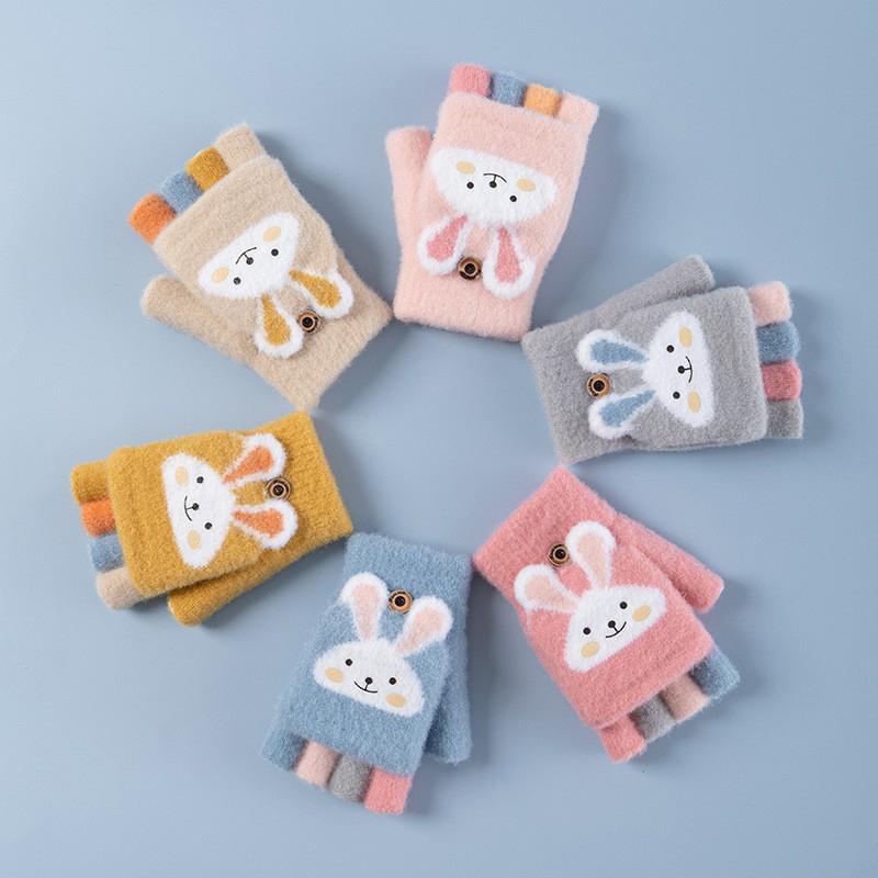 Găng Tay Nắp Gập Cho Em Bé Găng Tay Năm Ngón, Ấm Áp Mùa Đông, Thiết Kế Hình Thỏ Hoạt Hình, Dành Cho Trẻ Em, Găng Tay Dệt Kim, Thích Hợp Để Viết