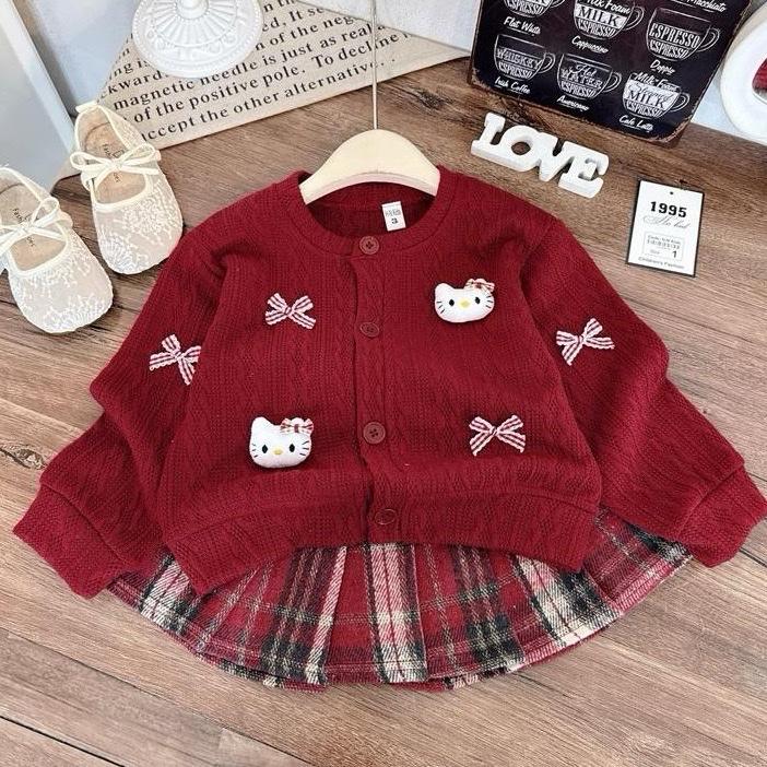 Set áo len thừng gắn nơ mèo hello kitty xinh kèm chân váy dạ kẻ xoè xinh đẹp dành cho bé gái 8-30kg