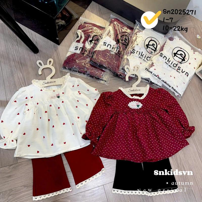 [6-18kg] Sét quần áo ĐŨI dài tay dáng baby doll kèm quần tăm ống loe mềm cho bé gái .