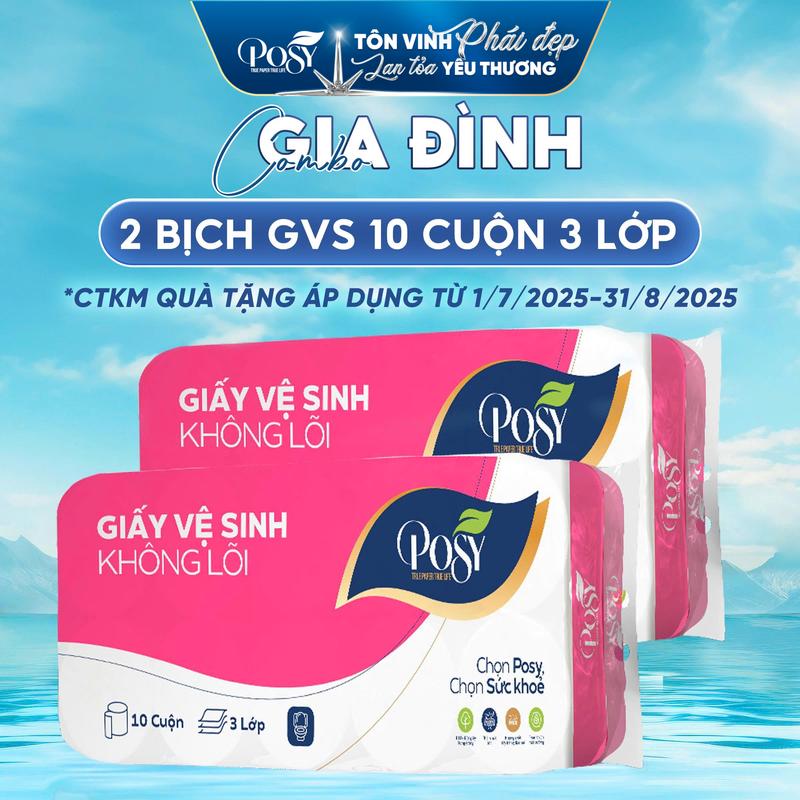 POSY - COMBO GIA ĐÌNH 02 BỊCH GIẤY VỆ SINH 10 CUỘN 3 LỚP CÓ LÕI/KO LÕI - Mềm mịn, thân thiện với môi trường tan nhanh trong nước