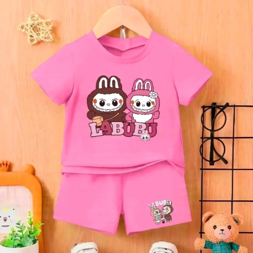 Setelan kaos anak labubu usia 1-8 tahun Katun Perempuan Parsel