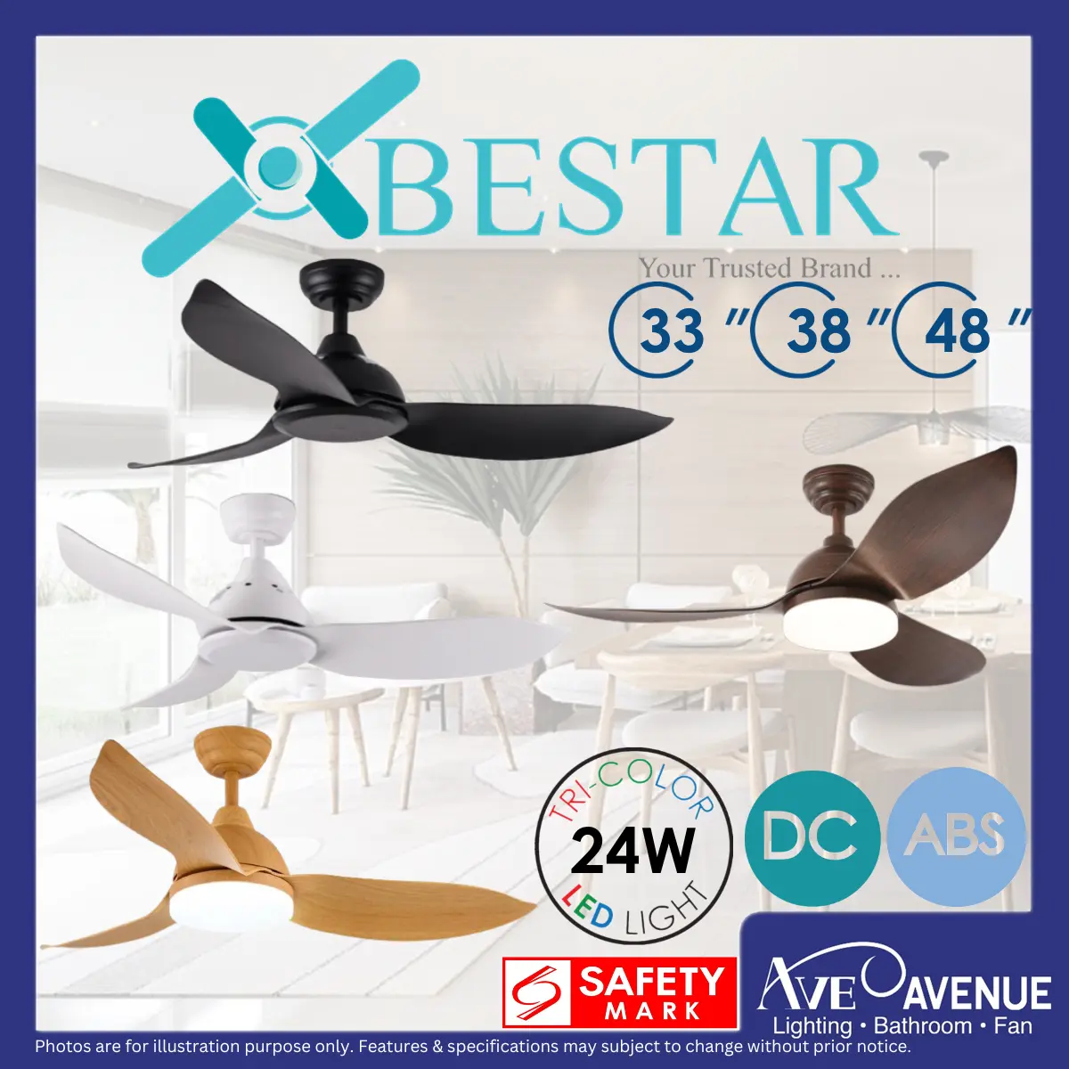 BESTAR RAPTOR DC Motor Ceiling Fan with 3 Tone LED Light Kit and Remote Control, 3 Blade, 33/38/48 Inch
