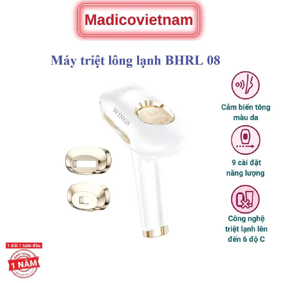 Máy Triệt Lông Cầm Tay Tẩy Lông Toàn Thân 9 Cấp Độ BHRL08 - Công Suất 48W - 2 dầu triệt nách và bikini