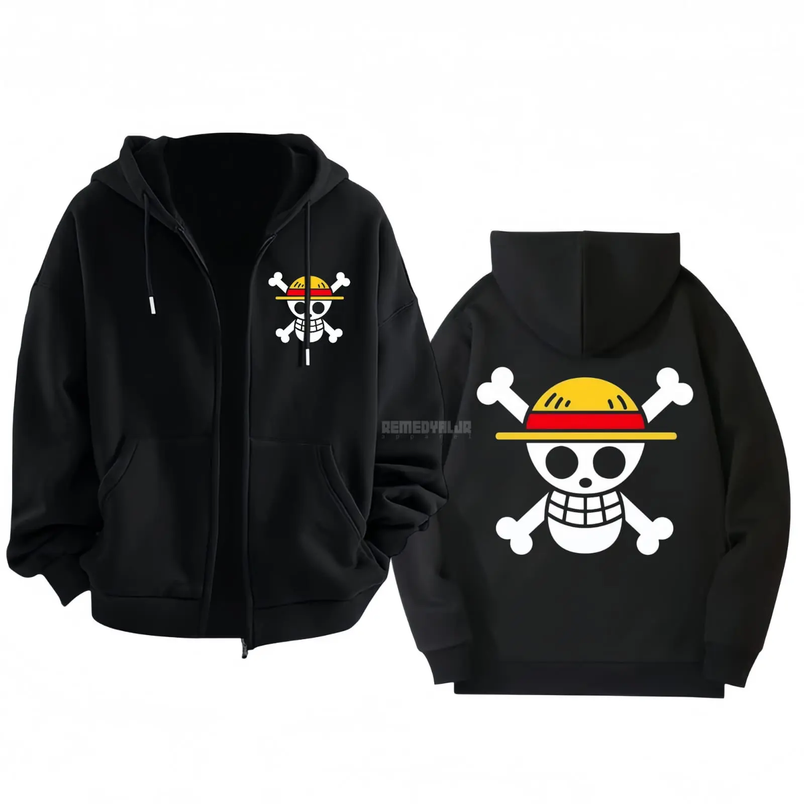 Jaket Hoodie Risleting zipper Anak Laki laki Fleece Hitam Logo Kapal bajak laut Mugiwara One piece Topi Jerami / Monkey d luffy / Mode Gear 5 Jeans Sweater Fashion